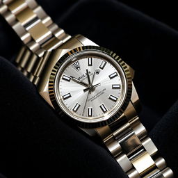 A luxurious wristwatch inspired by Rolex design, featuring a stainless steel case and a matching oyster bracelet