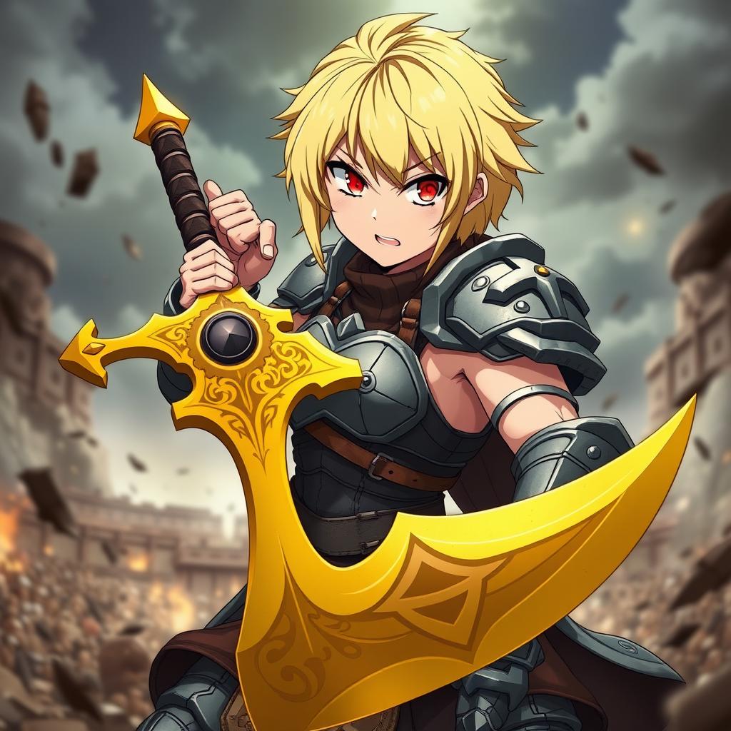 A fierce anime waifu with short, yellow hair resembling Darkness from Konosuba, wielding an ornate yellow claymore