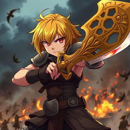 A fierce anime waifu with short, yellow hair resembling Darkness from Konosuba, wielding an ornate yellow claymore