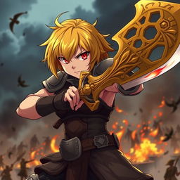 A fierce anime waifu with short, yellow hair resembling Darkness from Konosuba, wielding an ornate yellow claymore