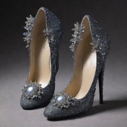 A pair of shoes from the cosmic beyond, sculpted from starlight and interstellar materials, adorned with celestial gems and black hole pearls with a price tag displaying an inconceivable number to denote its worth