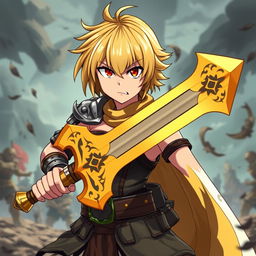 A fierce anime waifu with short, yellow hair resembling Darkness from Konosuba, wielding an ornate yellow claymore