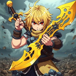 A fierce anime waifu with short, yellow hair resembling Darkness from Konosuba, wielding an ornate yellow claymore