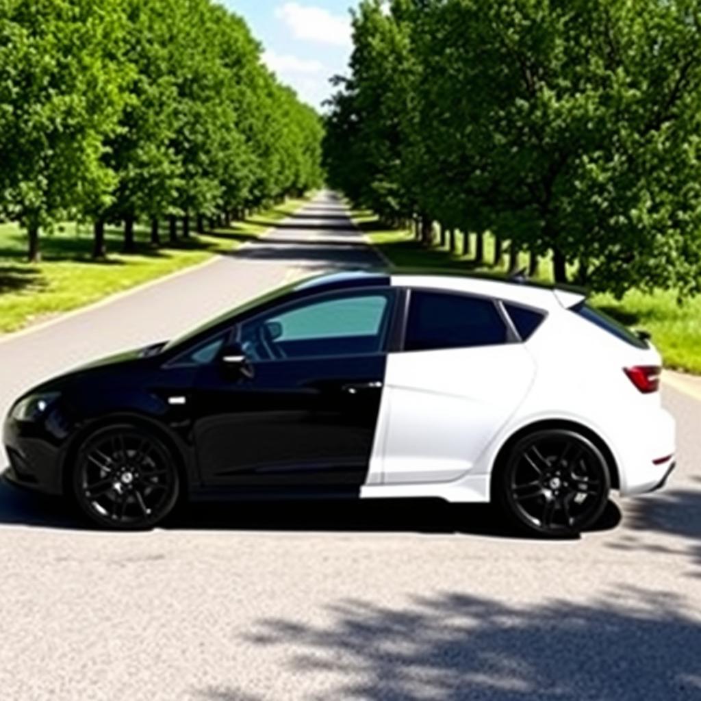 A Seat León Mk3 car with one side painted white and the other side painted black, set in a scenic outdoor environment