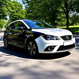 A Seat León Mk3 car with one side painted white and the other side painted black, set in a scenic outdoor environment