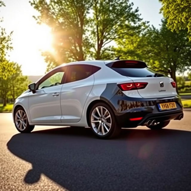 A Seat León Mk3 car with one side painted white and the other side painted black, set in a scenic outdoor environment