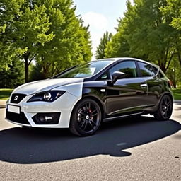 A Seat León Mk3 car with one side painted white and the other side painted black, set in a scenic outdoor environment