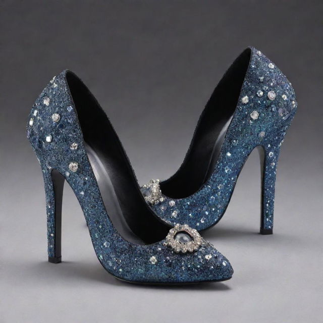 A pair of shoes from the cosmic beyond, sculpted from starlight and interstellar materials, adorned with celestial gems and black hole pearls with a price tag displaying an inconceivable number to denote its worth