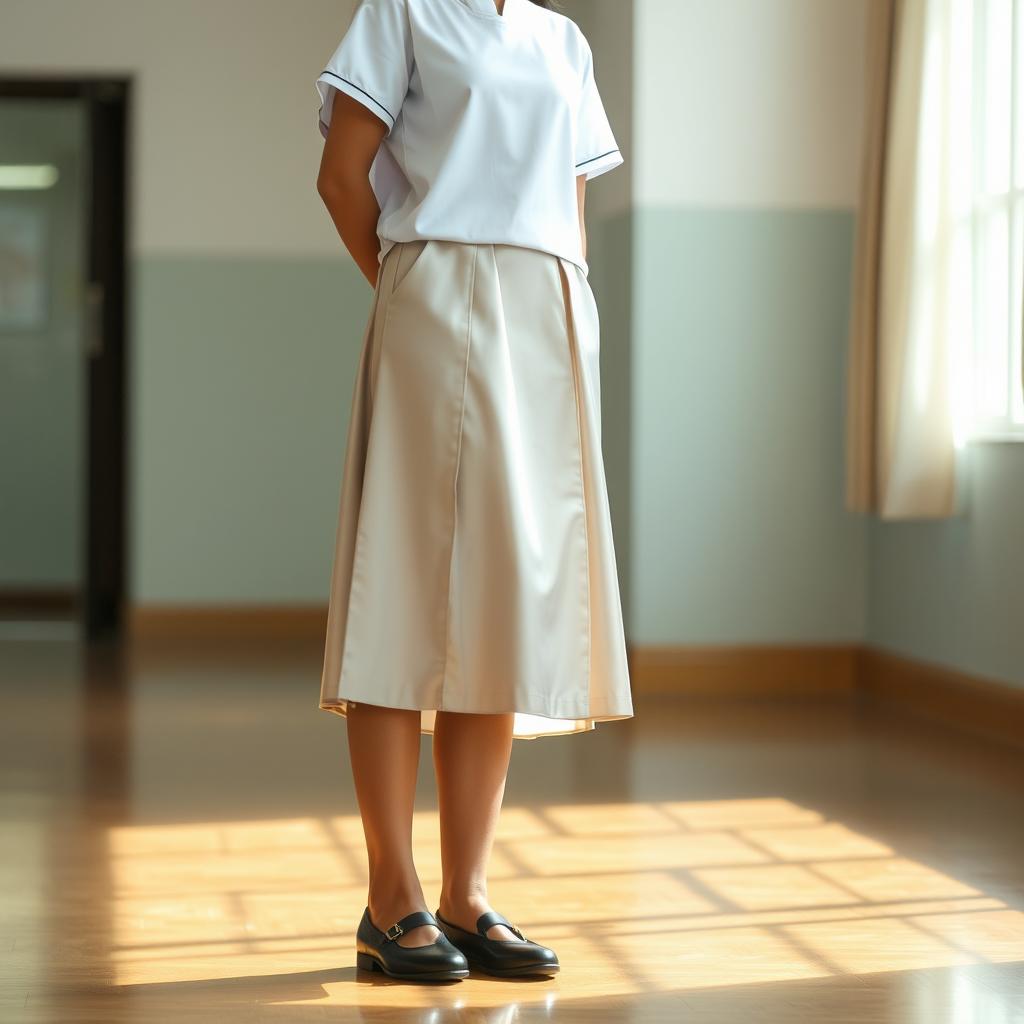 A young adult wearing an Indonesian school uniform featuring a white top and a silver skirt, complemented by black flat shoes