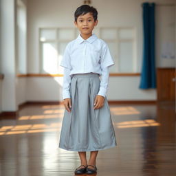 A young adult wearing an Indonesian school uniform featuring a white top and a silver skirt, complemented by black flat shoes