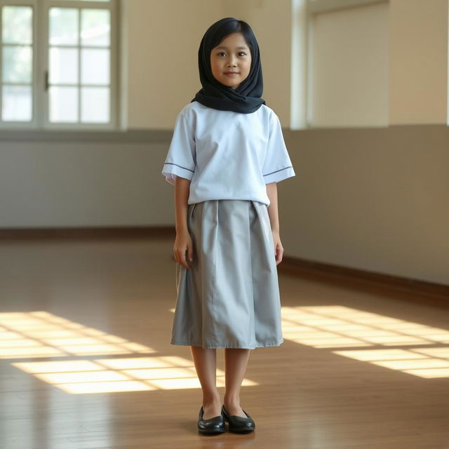 A young adult wearing an Indonesian school uniform featuring a white top and a silver skirt, complemented by black flat shoes