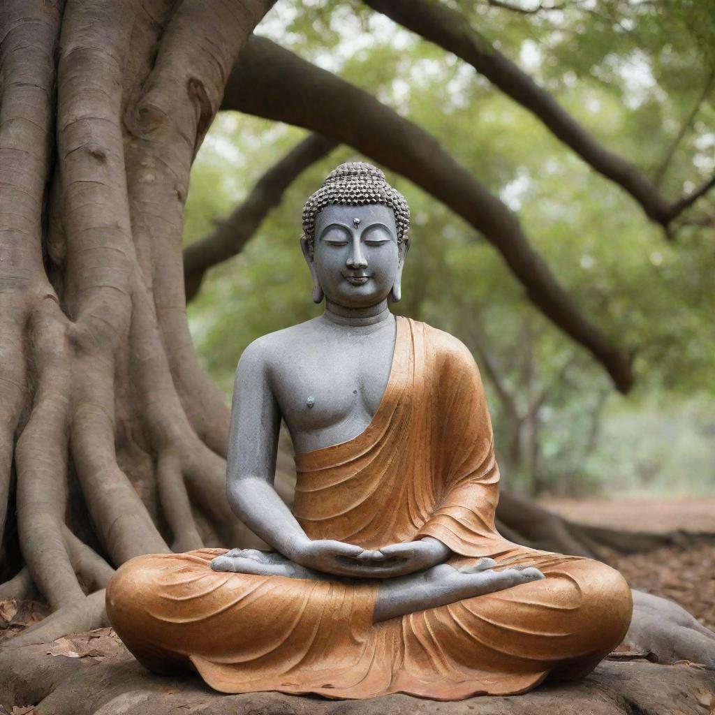 A serene portrait of Lord Buddha, seated in meditation under a Bodhi tree, radiating peace, and tranquillity