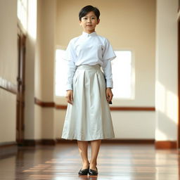 A young adult wearing an Indonesian school uniform featuring a white top and a silver skirt, complemented by black flat shoes