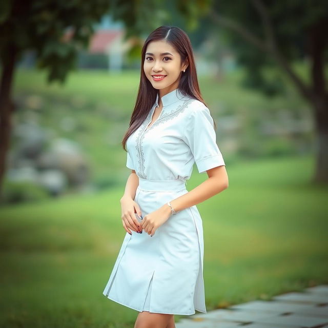 A beautiful and sexy Indonesian woman wearing a traditional school uniform, featuring a white top with silver accents and a matching skirt