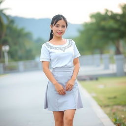 A beautiful and sexy Indonesian woman wearing a traditional school uniform, featuring a white top with silver accents and a matching skirt