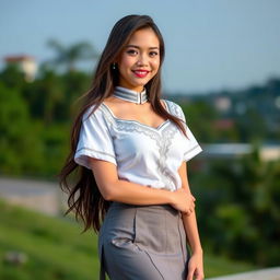 A beautiful and sexy Indonesian woman wearing a traditional school uniform, featuring a white top with silver accents and a matching skirt