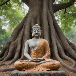 A serene portrait of Lord Buddha, seated in meditation under a Bodhi tree, radiating peace, and tranquillity