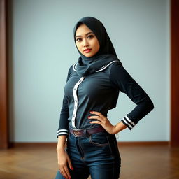 A stylish and confident Indonesian woman wearing a school girl-inspired outfit with a modern twist