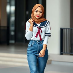 A stylish and confident Indonesian woman wearing a school girl-inspired outfit with a modern twist