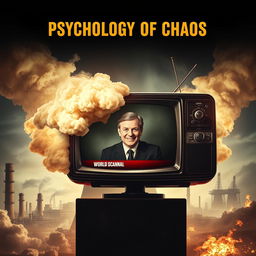 An epic movie poster capturing the chaotic psychology surrounding a nuclear powerplant accident in Bulgaria, with elements of TV fake news coverage sparking a world scandal