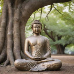 A serene portrait of Lord Buddha, seated in meditation under a Bodhi tree, radiating peace, and tranquillity