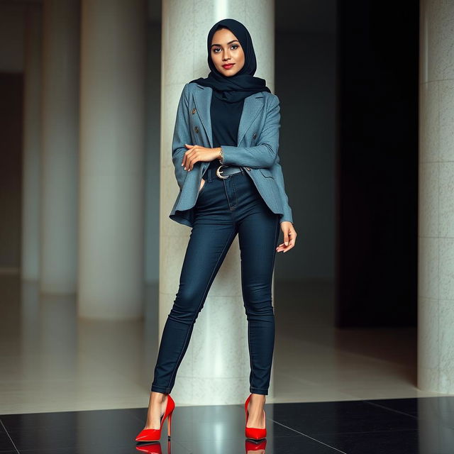 A sophisticated and confident Indonesian woman adorned in a modern outfit with influences of a school girl aesthetic