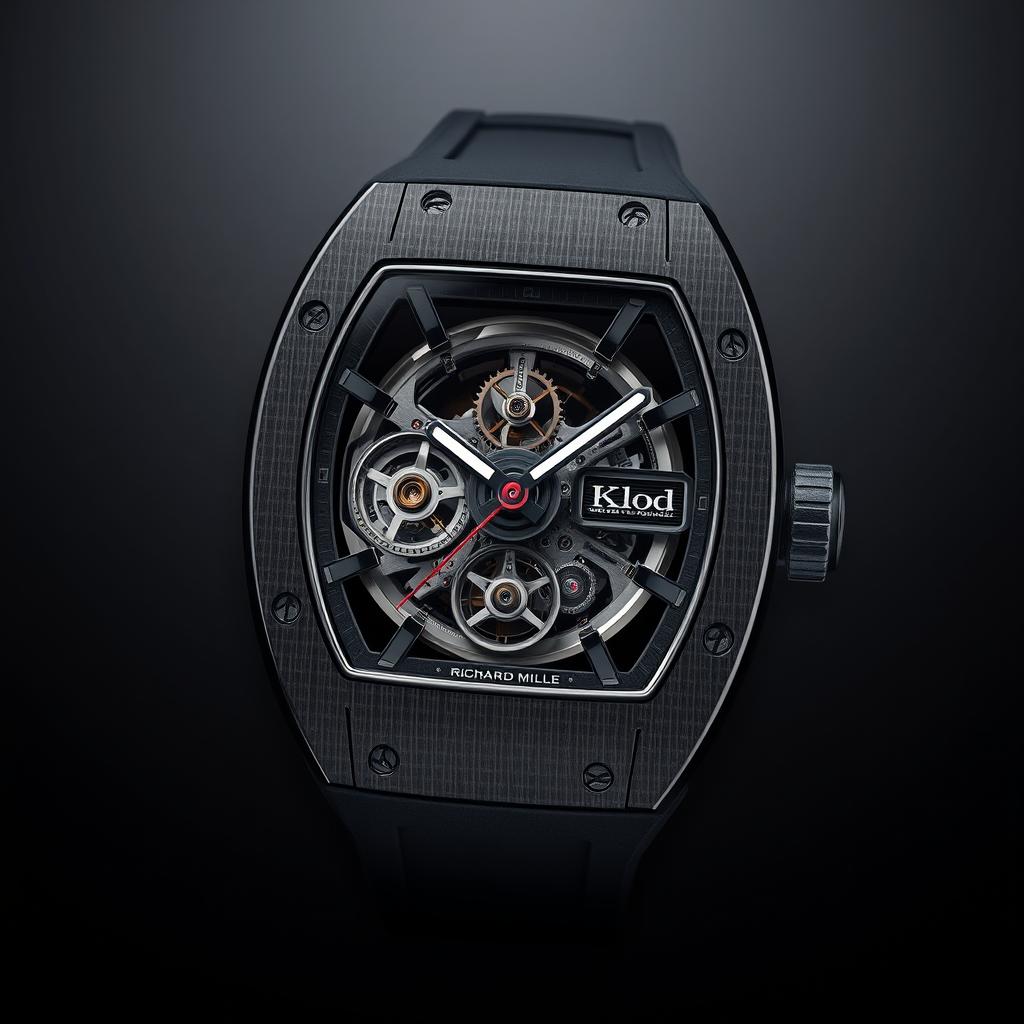 A luxury wristwatch inspired by Richard Mille design, featuring a tonneau-shaped carbon composite case and a sophisticated skeletonized dial