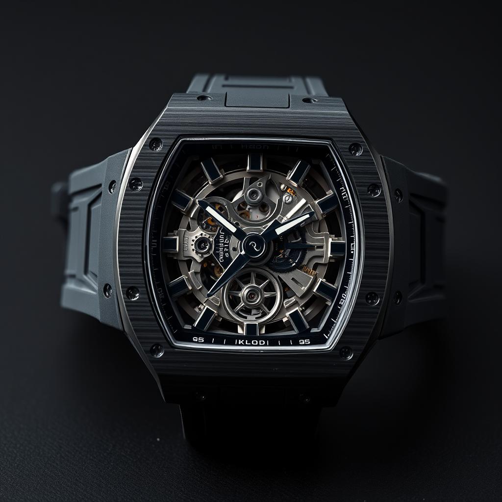 A luxury wristwatch inspired by Richard Mille design, featuring a tonneau-shaped carbon composite case and a sophisticated skeletonized dial