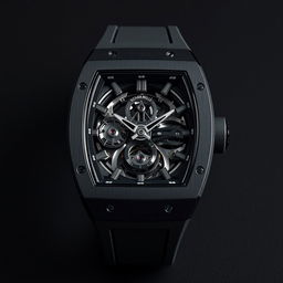 A luxury wristwatch inspired by Richard Mille design, featuring a tonneau-shaped carbon composite case and a sophisticated skeletonized dial