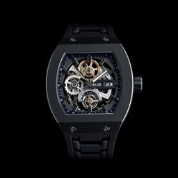 A luxury wristwatch inspired by Richard Mille design, featuring a tonneau-shaped carbon composite case and a sophisticated skeletonized dial