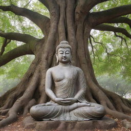 A serene portrait of Lord Buddha, seated in meditation under a Bodhi tree, radiating peace, and tranquillity