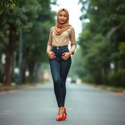 A chic and confident Indonesian woman dressed in a fashionable fusion of traditional and contemporary clothing styles