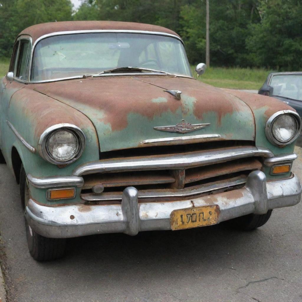 A well-worn vintage car with faded paint and rust spots, carrying a price tag of one dollar