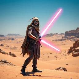 A Tusken Raider from Star Wars wielding a lightsaber, standing confidently in a vast desert landscape