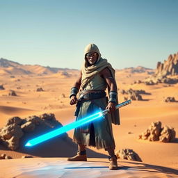 A Tusken Raider from Star Wars wielding a lightsaber, standing confidently in a vast desert landscape