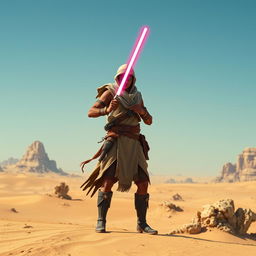 A Tusken Raider from Star Wars wielding a lightsaber, standing confidently in a vast desert landscape