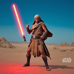 A Tusken Raider from Star Wars wielding a lightsaber, standing confidently in a vast desert landscape