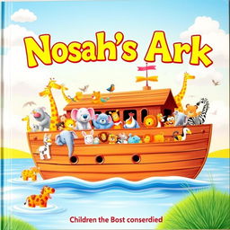 A vibrant and colorful children's book cover illustrating a myriad of animals aboard Noah's Ark