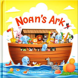 A vibrant and colorful children's book cover illustrating a myriad of animals aboard Noah's Ark