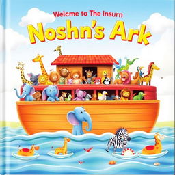 A vibrant and colorful children's book cover illustrating a myriad of animals aboard Noah's Ark