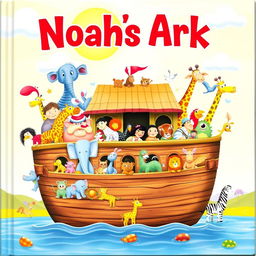 A vibrant and colorful children's book cover illustrating a myriad of animals aboard Noah's Ark