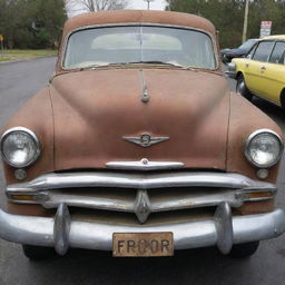 A well-worn vintage car with faded paint and rust spots, carrying a price tag of one dollar