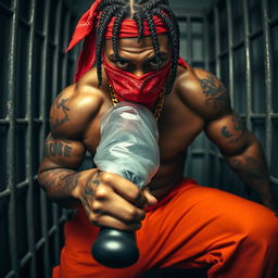 A close-up of a muscular African American gang member in a prison cell