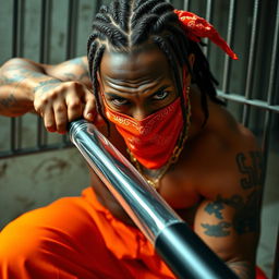 A close-up of a muscular African American gang member in a prison cell