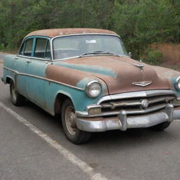 A well-worn vintage car with faded paint and rust spots, carrying a price tag of one dollar