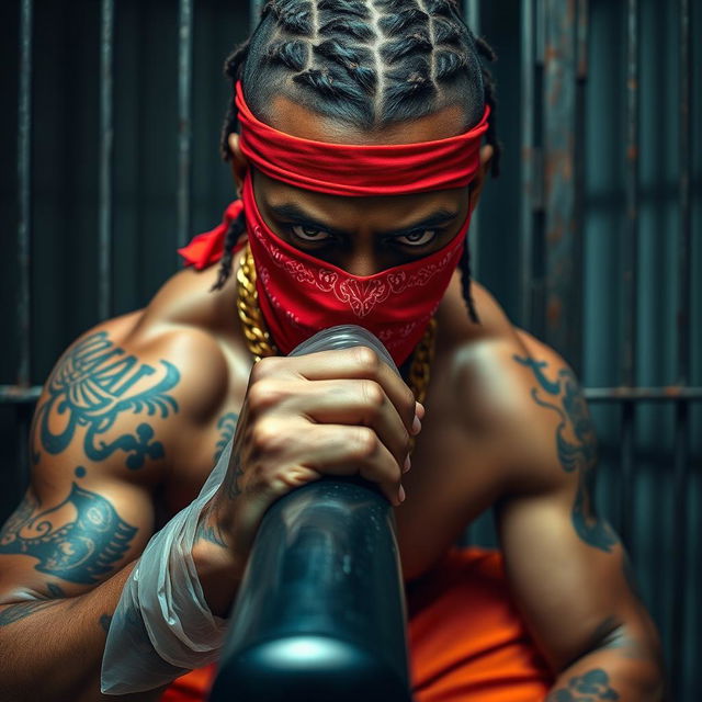 A close-up of a muscular African American gang member in a prison cell