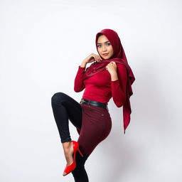 A captivating Indonesian woman exuding confidence and style, wearing a traditional Malay hijab with a chic twist