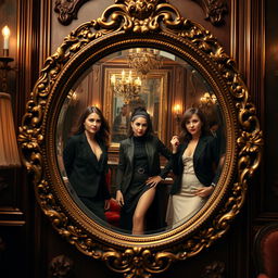 A detailed and captivating scene in which a large, ornate mirror with an elegantly carved frame is reflecting three people