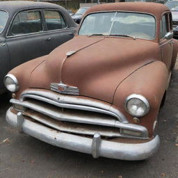 A well-worn vintage car with faded paint and rust spots, carrying a price tag of one dollar