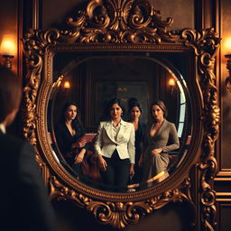 A detailed and captivating scene in which a large, ornate mirror with an elegantly carved frame is reflecting three people